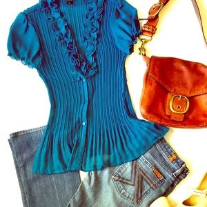 Dark teal ruffled shear short-sleeve v-neck top, L